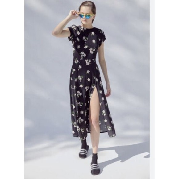 Urban Outfitters Maxi Dress Lindsey Black Floral Open Tie Back Slit large - Picture 4 of 16